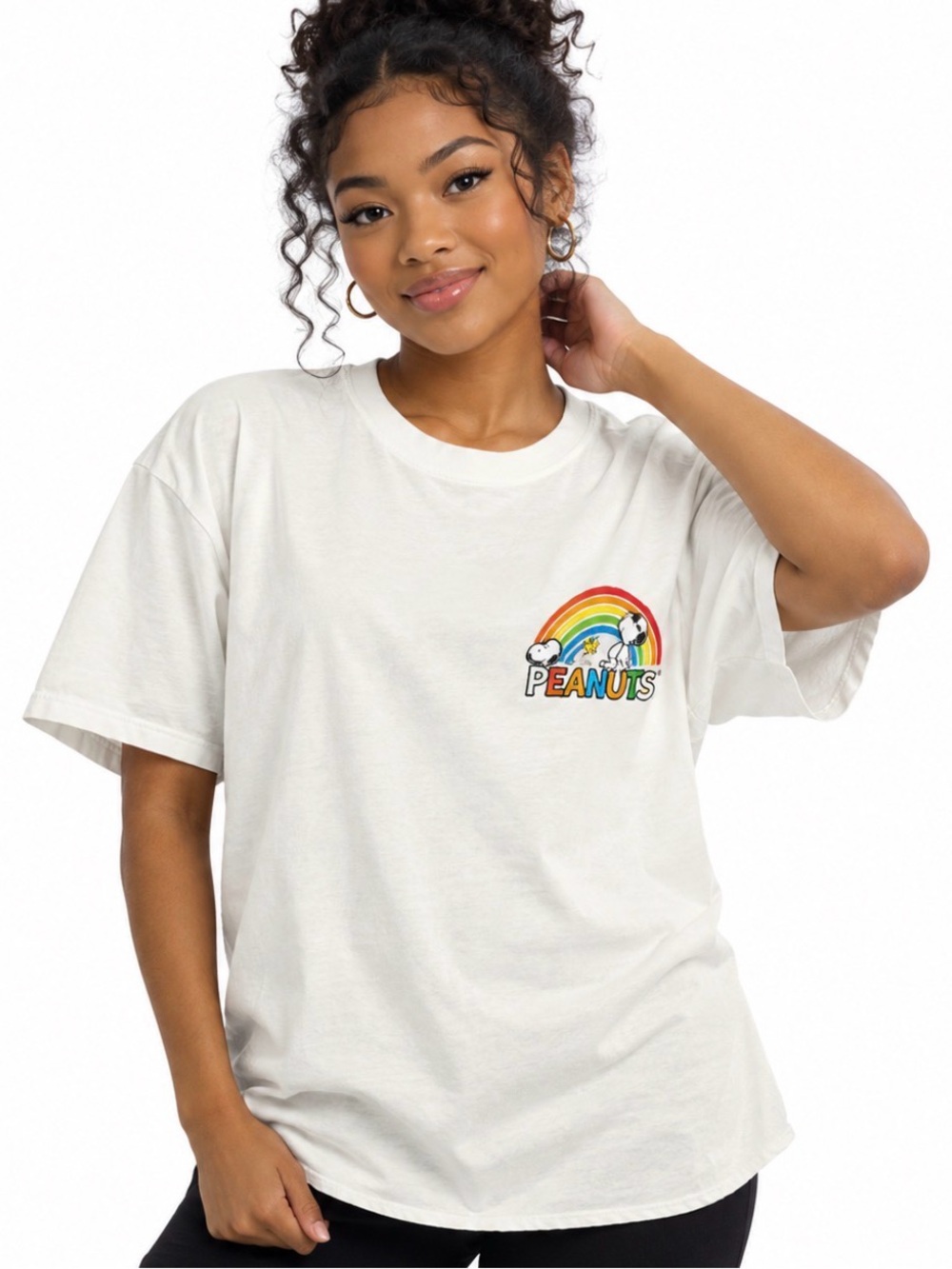 Women Juniors Peanuts Cream Short-Sleeve Tee with Rainbow & Snoopy Chest Graphic